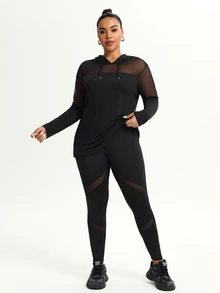 SHEIN Rhythm Era Plus Size Mesh Splice Hooded Neck Sheer Long & Top And Pants Activewear Set - Black - View 4