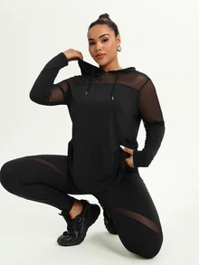 SHEIN Rhythm Era Plus Size Mesh Splice Hooded Neck Sheer Long & Top And Pants Activewear Set - Black - View 7