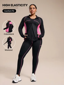 Rhythm Era Plus Size Color-Block Long Sleeve And Pants Sports Suit Workout Women Sets Fall - Multicolor - View 2