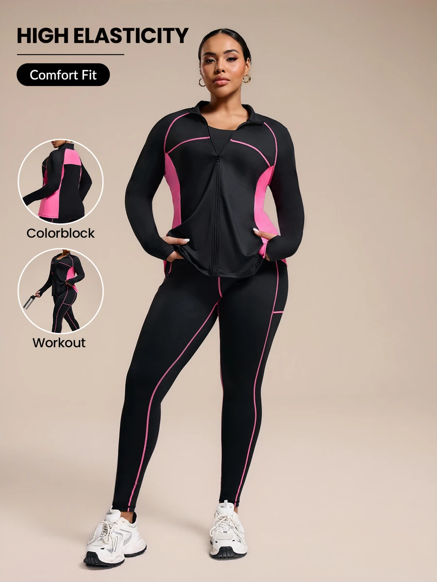 Rhythm Era Plus Size Color-Block Long Sleeve And Pants Sports Suit Workout Women Sets Fall