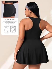 SHEIN Rhythm Era Spring/Summer Plus Size Women's Sports Dress, Black Sexy Front Panel Mesh Patchwork, Large Scoop Neck, Ruffle Hem, Back Strap, Detachable Shorts And Pockets, Suitable For Casual, Running, Yoga, Gym, Tennis, Golf - Black - View 2