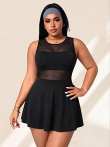 SHEIN Rhythm Era Spring/Summer Plus Size Women's Sports Dress, Black Sexy Front Panel Mesh Patchwork, Large Scoop Neck, Ruffle Hem, Back Strap, Detachable Shorts And Pockets, Suitable For Casual, Running, Yoga, Gym, Tennis, Golf - Black - View 4