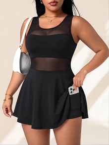 SHEIN Rhythm Era Spring/Summer Plus Size Women's Sports Dress, Black Sexy Front Panel Mesh Patchwork, Large Scoop Neck, Ruffle Hem, Back Strap, Detachable Shorts And Pockets, Suitable For Casual, Running, Yoga, Gym, Tennis, Golf - Black - View 5
