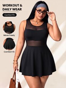 SHEIN Rhythm Era Spring/Summer Plus Size Women's Sports Dress, Black Sexy Front Panel Mesh Patchwork, Large Scoop Neck, Ruffle Hem, Back Strap, Detachable Shorts And Pockets, Suitable For Casual, Running, Yoga, Gym, Tennis, Golf - Black - View 1