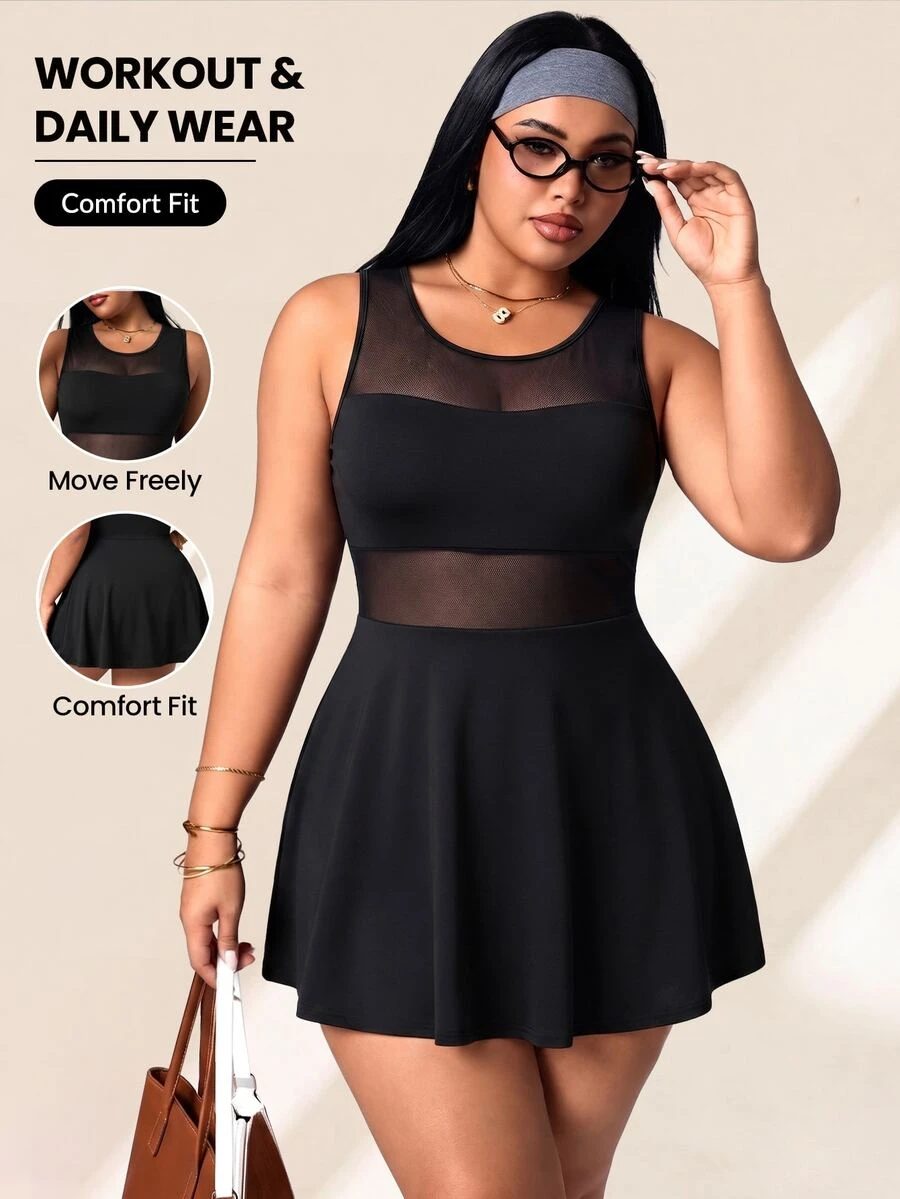 SHEIN Rhythm Era Spring/Summer Plus Size Women's Sports Dress, Black Sexy Front Panel Mesh Patchwork, Large Scoop Neck, Ruffle Hem, Back Strap, Detachable Shorts And Pockets, Suitable For Casual, Running, Yoga, Gym, Tennis, Golf - Black - View 1