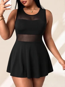 SHEIN Rhythm Era Spring/Summer Plus Size Women's Sports Dress, Black Sexy Front Panel Mesh Patchwork, Large Scoop Neck, Ruffle Hem, Back Strap, Detachable Shorts And Pockets, Suitable For Casual, Running, Yoga, Gym, Tennis, Golf - Black - View 3