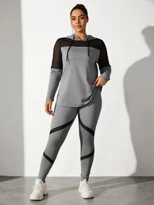 SHEIN Rhythm Era Setelan Olahraga Wanita Ukuran Besar, Hoodie dan Celana Panjang Warna Polos, Set Pakaian Olahraga Wanita - Light Grey - View 7