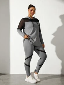 SHEIN Rhythm Era Setelan Olahraga Wanita Ukuran Besar, Hoodie dan Celana Panjang Warna Polos, Set Pakaian Olahraga Wanita - Light Grey - View 6