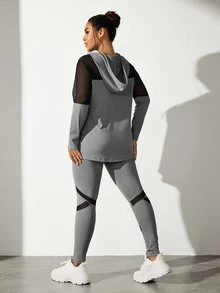SHEIN Rhythm Era Setelan Olahraga Wanita Ukuran Besar, Hoodie dan Celana Panjang Warna Polos, Set Pakaian Olahraga Wanita - Light Grey - View 3