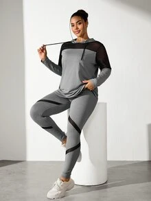 SHEIN Rhythm Era Setelan Olahraga Wanita Ukuran Besar, Hoodie dan Celana Panjang Warna Polos, Set Pakaian Olahraga Wanita - Light Grey - View 5