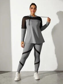 SHEIN Rhythm Era Setelan Olahraga Wanita Ukuran Besar, Hoodie dan Celana Panjang Warna Polos, Set Pakaian Olahraga Wanita - Light Grey - View 4