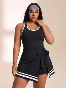SHEIN Rhythm Era Women's Plus Size Colorblock Casual Daily Travel Sports Dress - Black and White - View 7