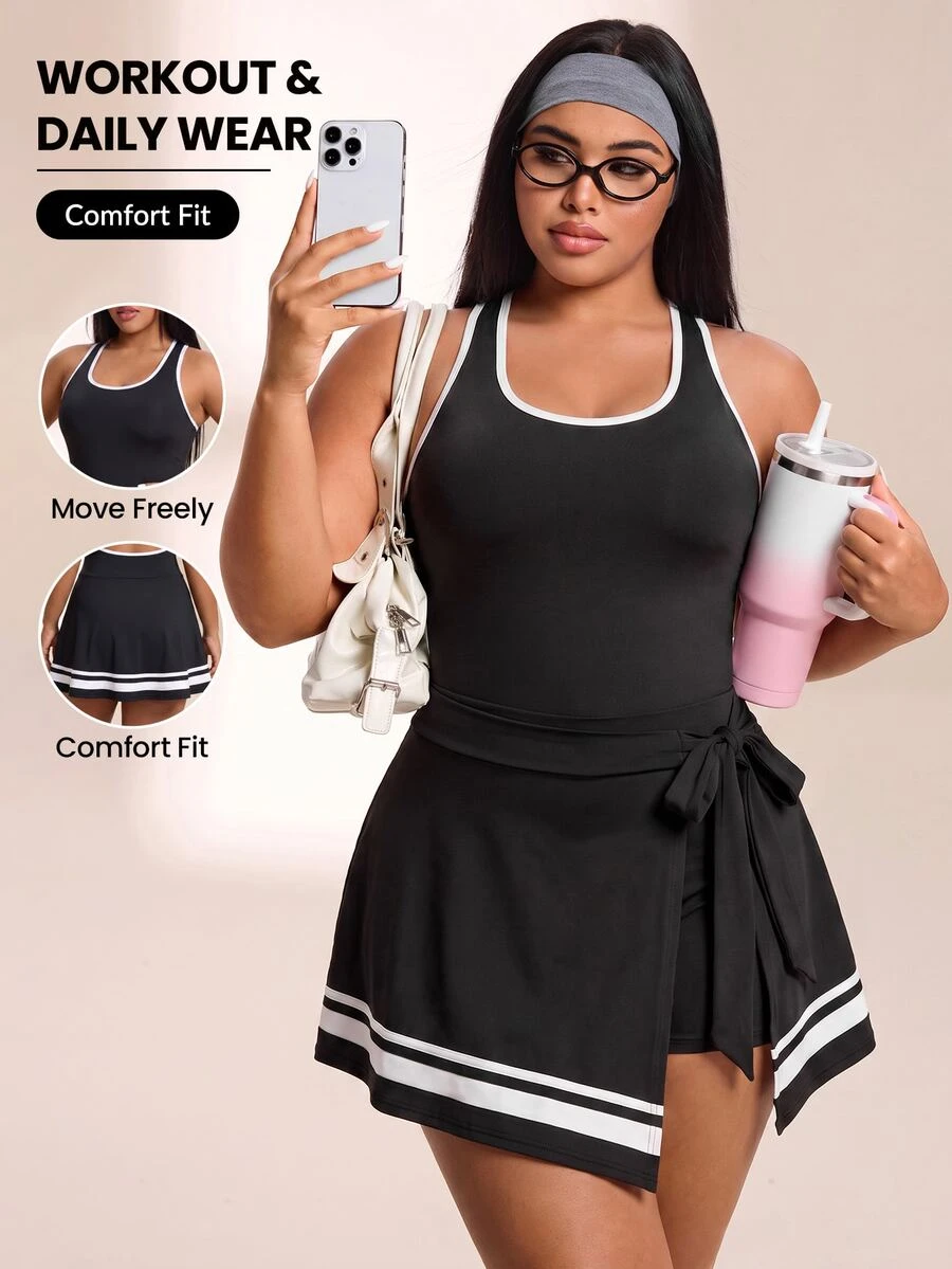 SHEIN Rhythm Era Women's Plus Size Colorblock Casual Daily Travel Sports Dress - Black and White - View 1