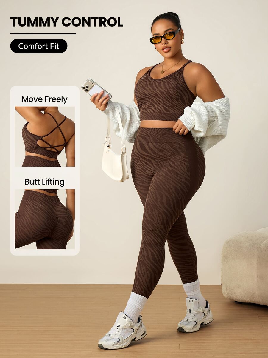 SHEIN Rhythm Era Plus Size Bra & Leggings Sports Set, Brown Zebra Print Racerback High Impact Sports Bra And Pants 2pcs - Brown - View 1