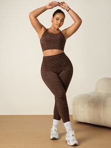SHEIN Rhythm Era Plus Size Bra & Leggings Sports Set, Brown Zebra Print Racerback High Impact Sports Bra And Pants 2pcs - Brown - View 5