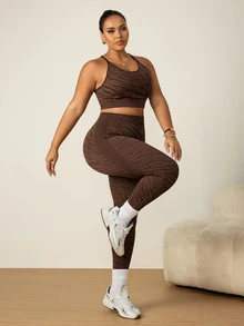 SHEIN Rhythm Era Plus Size Bra & Leggings Sports Set, Brown Zebra Print Racerback High Impact Sports Bra And Pants 2pcs - Brown - View 4