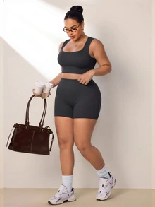 Rhythm Era Women's Plus Size Cropped Tank Top And Fitted Shorts Sports Pilates Alternative Kawaii Active Tropical Alternative Set Gym Fair Fair Dark Green Summer - Dark Grey - View 5