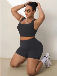 Rhythm Era Women's Plus Size Cropped Tank Top And Fitted Shorts Sports Pilates Alternative Kawaii Active Tropical Alternative Set Gym Fair Fair Dark Green Summer - Dark Grey - View 4