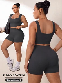 Rhythm Era Women's Plus Size Cropped Tank Top And Fitted Shorts Sports Pilates Alternative Kawaii Active Tropical Alternative Set Gym Fair Fair Dark Green Summer - Dark Grey - View 6