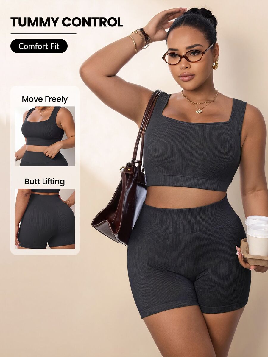 Rhythm Era Women's Plus Size Cropped Tank Top And Fitted Shorts Sports Pilates Alternative Kawaii Active Tropical Alternative Set Gym Fair Fair Dark Green Summer - Dark Grey - View 1