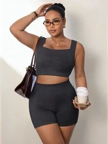 Rhythm Era Women's Plus Size Cropped Tank Top And Fitted Shorts Sports Pilates Alternative Kawaii Active Tropical Alternative Set Gym Fair Fair Dark Green Summer - Dark Grey - View 3