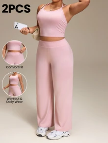 SHEIN Rhythm Era Women's Plus Size Solid Color Halter Neck Top And High Waist Long Pants Casual Daily Sports Set Sport Gym Dusty Pink Summer - Pink - View 7