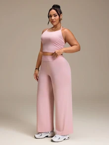 SHEIN Rhythm Era Women's Plus Size Solid Color Halter Neck Top And High Waist Long Pants Casual Daily Sports Set Sport Gym Dusty Pink Summer - Pink - View 3