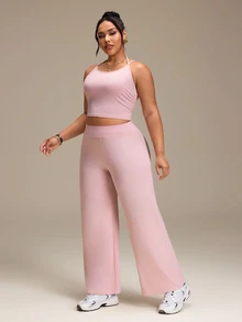 SHEIN Rhythm Era Women's Plus Size Solid Color Halter Neck Top And High Waist Long Pants Casual Daily Sports Set Sport Gym Dusty Pink Summer - Pink - View 5