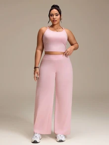 SHEIN Rhythm Era Women's Plus Size Solid Color Halter Neck Top And High Waist Long Pants Casual Daily Sports Set Sport Gym Dusty Pink Summer - Pink - View 6