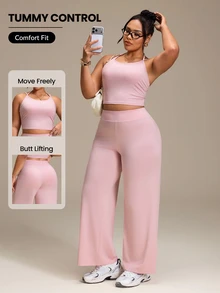 SHEIN Rhythm Era Women's Plus Size Solid Color Halter Neck Top And High Waist Long Pants Casual Daily Sports Set Sport Gym Dusty Pink Summer - Pink - View 1