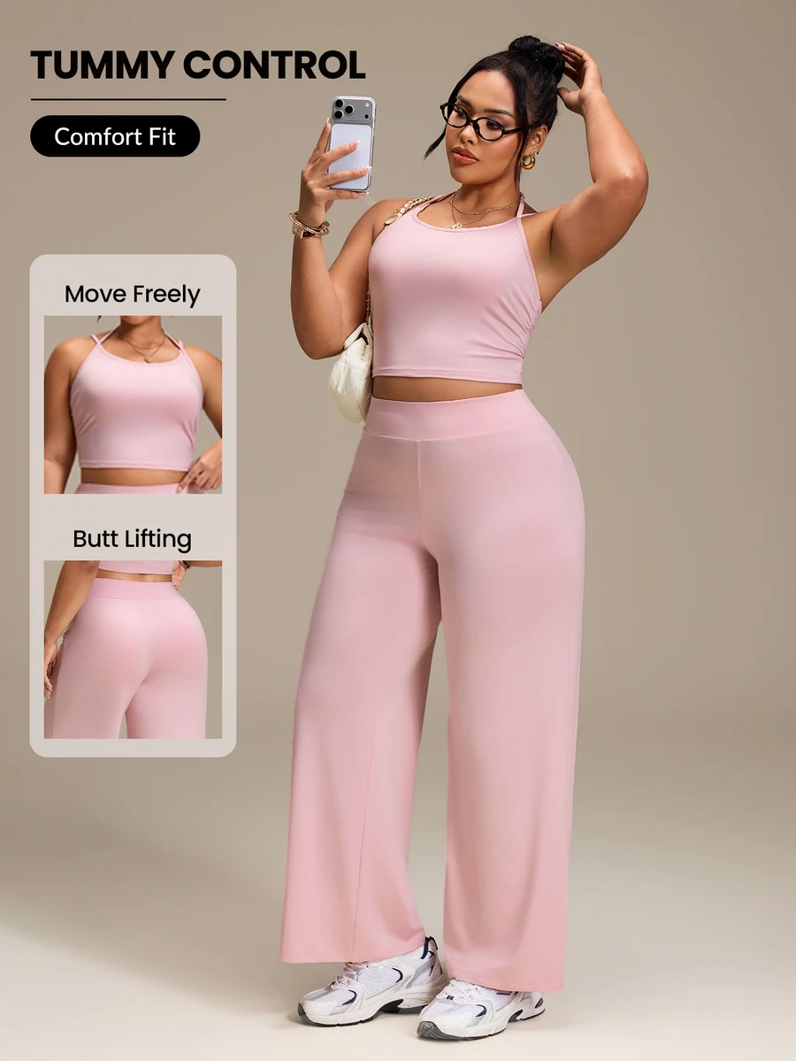 SHEIN Rhythm Era Women's Plus Size Solid Color Halter Neck Top And High Waist Long Pants Casual Daily Sports Set Sport Gym Dusty Pink Summer - Pink - View 1