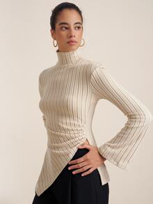 Airaco Autumn/Winter New Casual Elegant Comfortable Textured Turtleneck Tight Fit With Side Slit Ruched Asymmetrical Women T-Shirt - Apricot - View 6