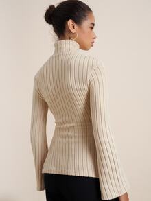 Airaco Autumn/Winter New Casual Elegant Comfortable Textured Turtleneck Tight Fit With Side Slit Ruched Asymmetrical Women T-Shirt - Apricot - View 8