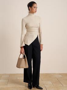 Airaco Autumn/Winter New Casual Elegant Comfortable Textured Turtleneck Tight Fit With Side Slit Ruched Asymmetrical Women T-Shirt - Apricot - View 4