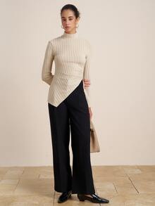 Airaco Autumn/Winter New Casual Elegant Comfortable Textured Turtleneck Tight Fit With Side Slit Ruched Asymmetrical Women T-Shirt - Apricot - View 5