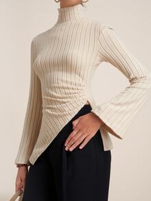 Airaco Autumn/Winter New Casual Elegant Comfortable Textured Turtleneck Tight Fit With Side Slit Ruched Asymmetrical Women T-Shirt - Apricot - View 3