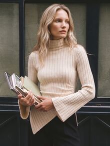 Airaco Autumn/Winter New Casual Elegant Comfortable Textured Turtleneck Tight Fit With Side Slit Ruched Asymmetrical Women T-Shirt - Apricot - View 1