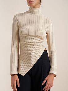 Airaco Autumn/Winter New Casual Elegant Comfortable Textured Turtleneck Tight Fit With Side Slit Ruched Asymmetrical Women T-Shirt - Apricot - View 7
