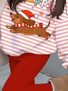 聖誕快樂，少女休閒極簡可愛聖誕小狗圖案，聖誕紅條紋，圓領長袖衛衣與內搭褲兩件套，適合秋冬，抓絨內裡，聖誕節慶穿著，新年 - 彩色 - 查看 5