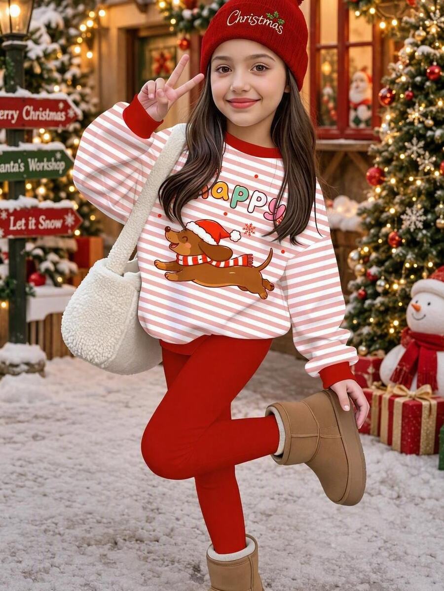 聖誕快樂,少女休閒極簡可愛聖誕小狗圖案,聖誕紅條紋,圓領長袖衛衣與內搭褲兩件套,適合秋冬,抓絨內裡,聖誕節慶穿著,新年 - 彩色 - 查看 1
