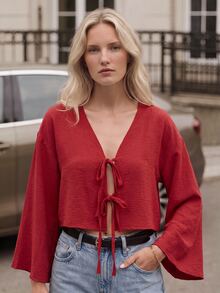 Airaco Women's Red Long Sleeve Tie Front Shirt, Spring - Red - View 1
