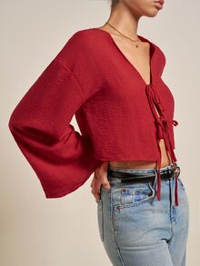 Airaco Women's Red Long Sleeve Tie Front Shirt, Spring - Red - View 3