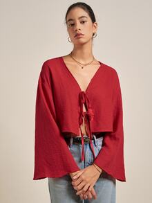 Airaco Women's Red Long Sleeve Tie Front Shirt, Spring - Red - View 5