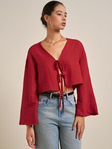 Airaco Women's Red Long Sleeve Tie Front Shirt, Spring - Red - View 7