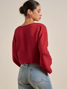 Airaco Women's Red Long Sleeve Tie Front Shirt, Spring - Red - View 4