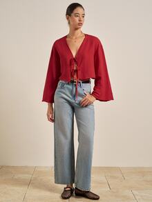 Airaco Women's Red Long Sleeve Tie Front Shirt, Spring - Red - View 6