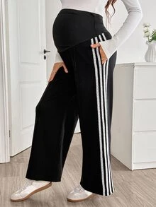 SHEIN Maternity Colorblock Pocket Adjustable Waist Casual Sweatpants For Daily Wear - Black - View 5