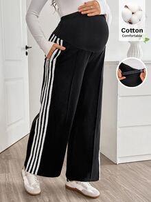 SHEIN Maternity Colorblock Pocket Adjustable Waist Casual Sweatpants For Daily Wear - Black - View 8