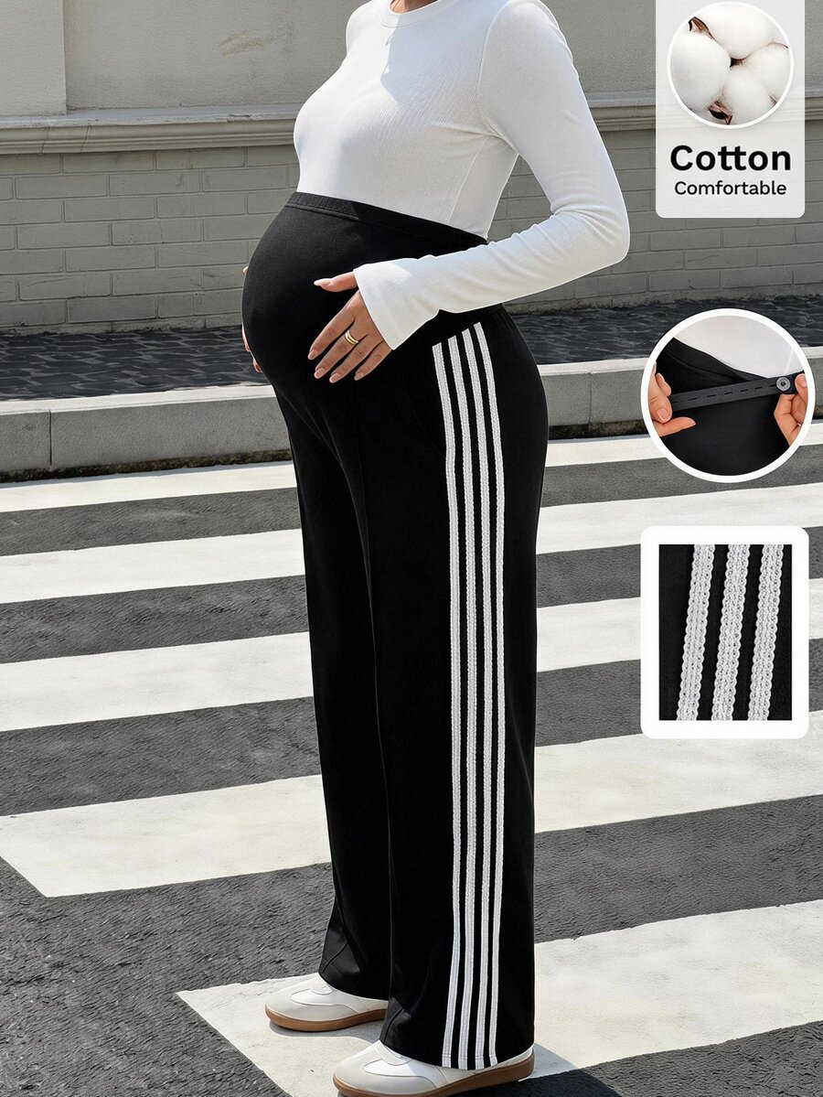 SHEIN Maternity Colorblock Pocket Adjustable Waist Casual Sweatpants For Daily Wear - Black - View 1