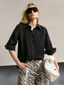 MOTF PREMIUM WOMEN'S COMMUTER BLACK CONTRAST STITCH LONG SLEEVE SHIRT - Black - View 6